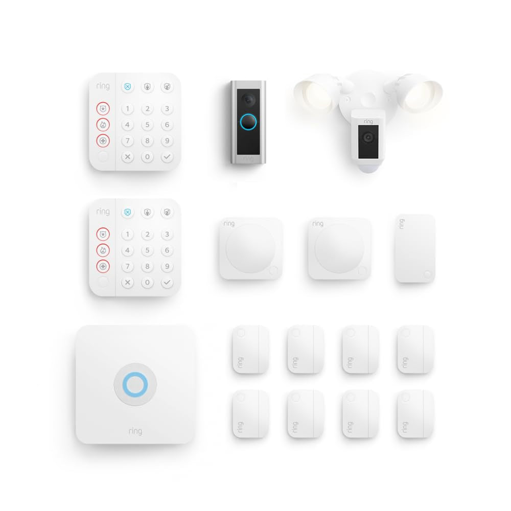 Wired Doorbell Pro (Video Doorbell Pro 2) with Floodlight Cam Wired (White) and Alarm 14-Piece (White)
