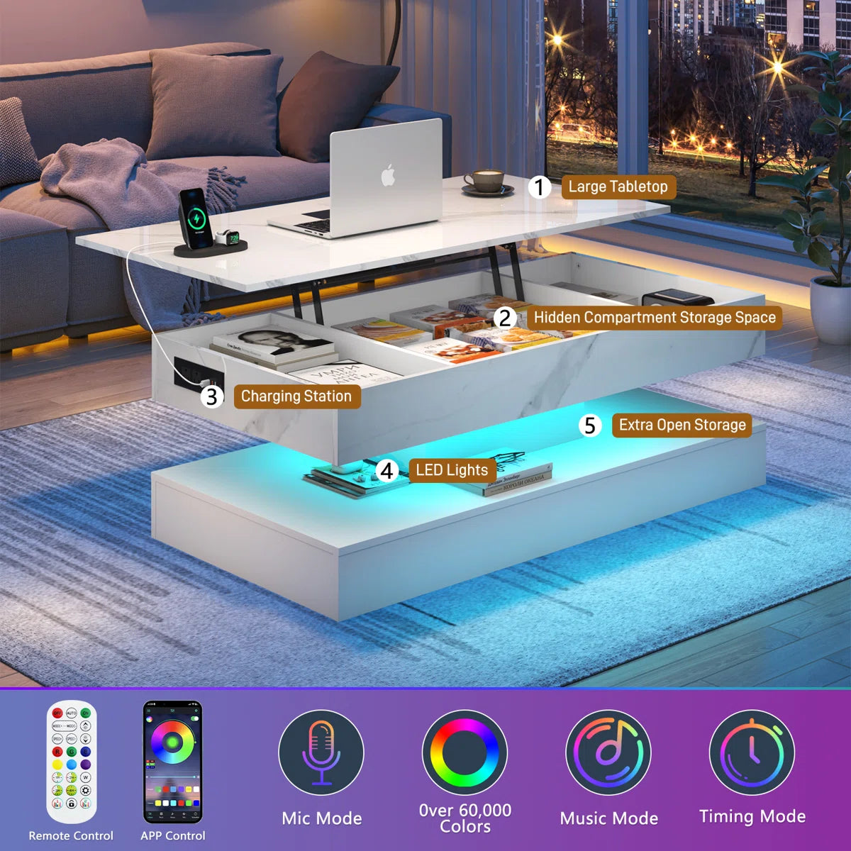 Lux SmartLift™ LED High-Gloss Coffee Table w/ Lift-Top, Hidden Storage & Built-In Charging (White Marble, 47")