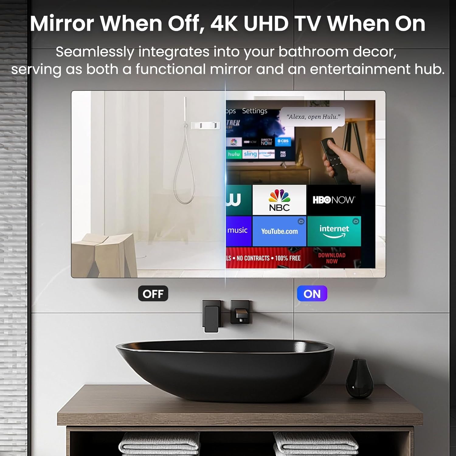 32" 4K Ultra HD Smart Bathroom Mirror TV, IP66 Waterproof, Android 13 System with Voice Remote for Google Assistant ATSC Tuner, 500 Cd/㎡ High Brightness (Black Frame, 2025 Model)