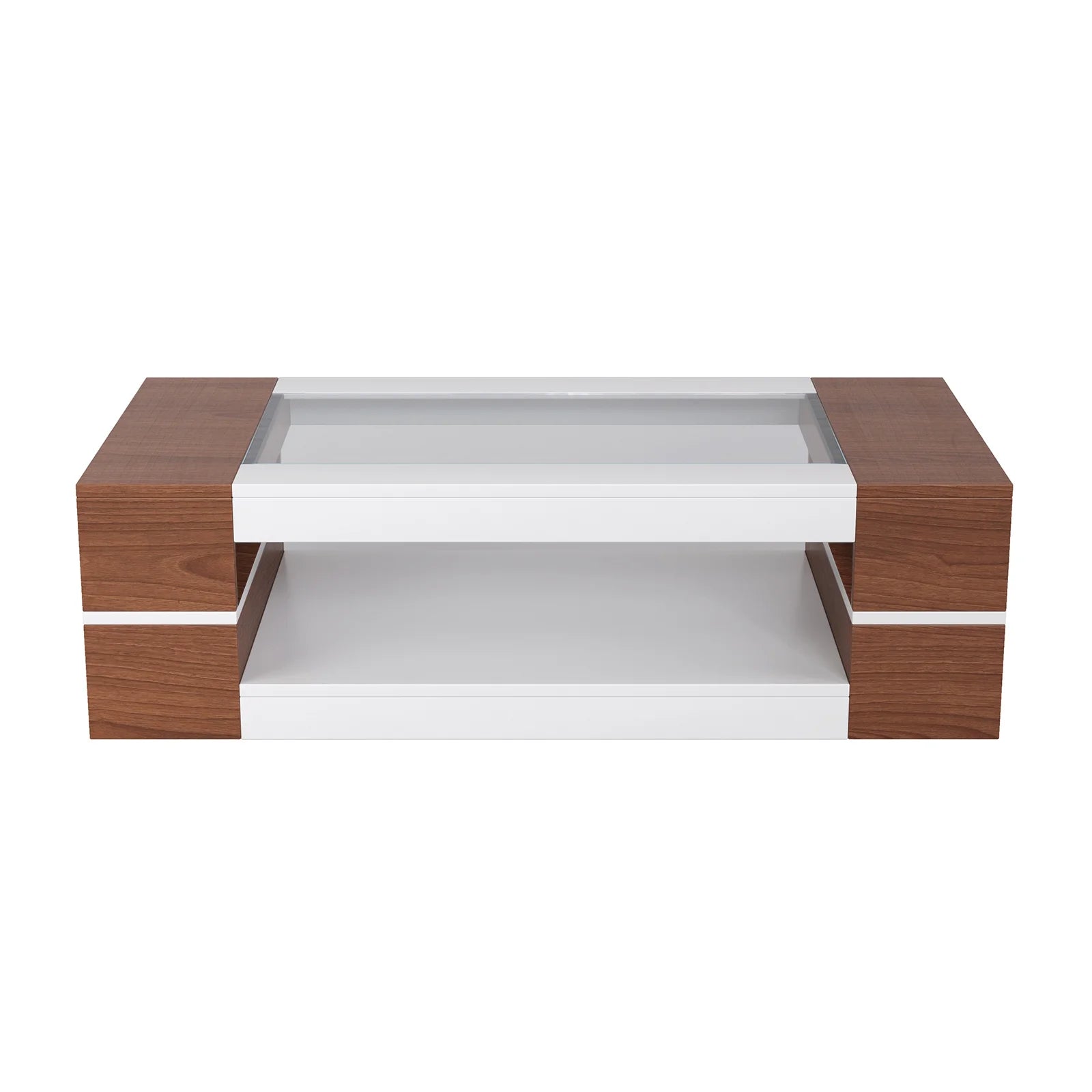 47.2" Modern White Walnut Coffee Table with Glass Top - 2-Tier Storage Design for Living Room, Reception & Dining | Sleek Rectangular Center Table