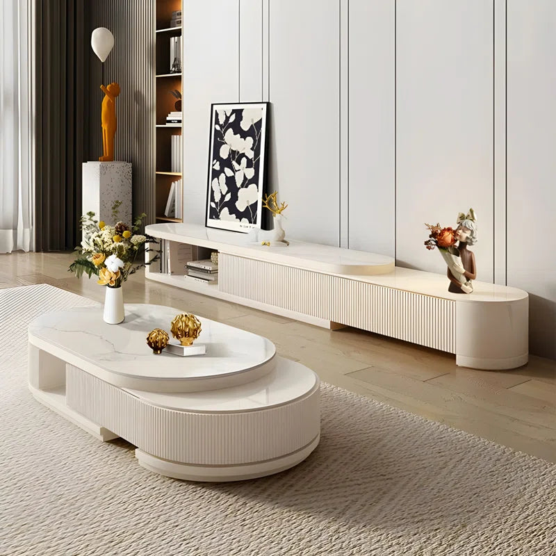 Bilawal Cream Style Oval Extendable Coffee Table Solid Wood with 4 Drawers, No-Assembly Required