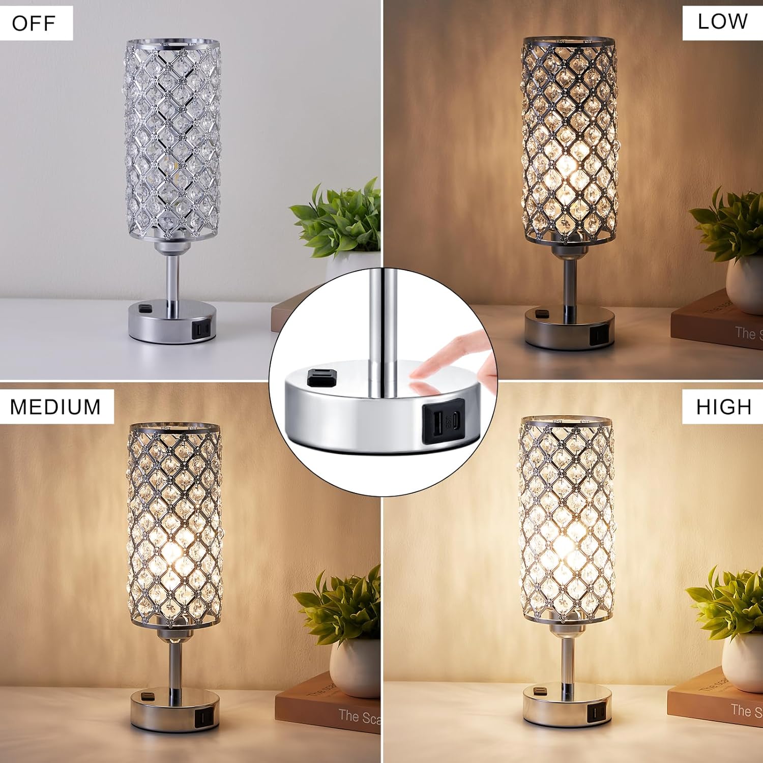 Crystal Lamp Touch Control Set of 2, Sliver Crystal Table Lamps with USB C+A Ports & AC Outlet, 3-Way Dimmable Nightstand Touch Lamp, Modern Bedside Table Lamp for Bedroom(Bulbs Included)