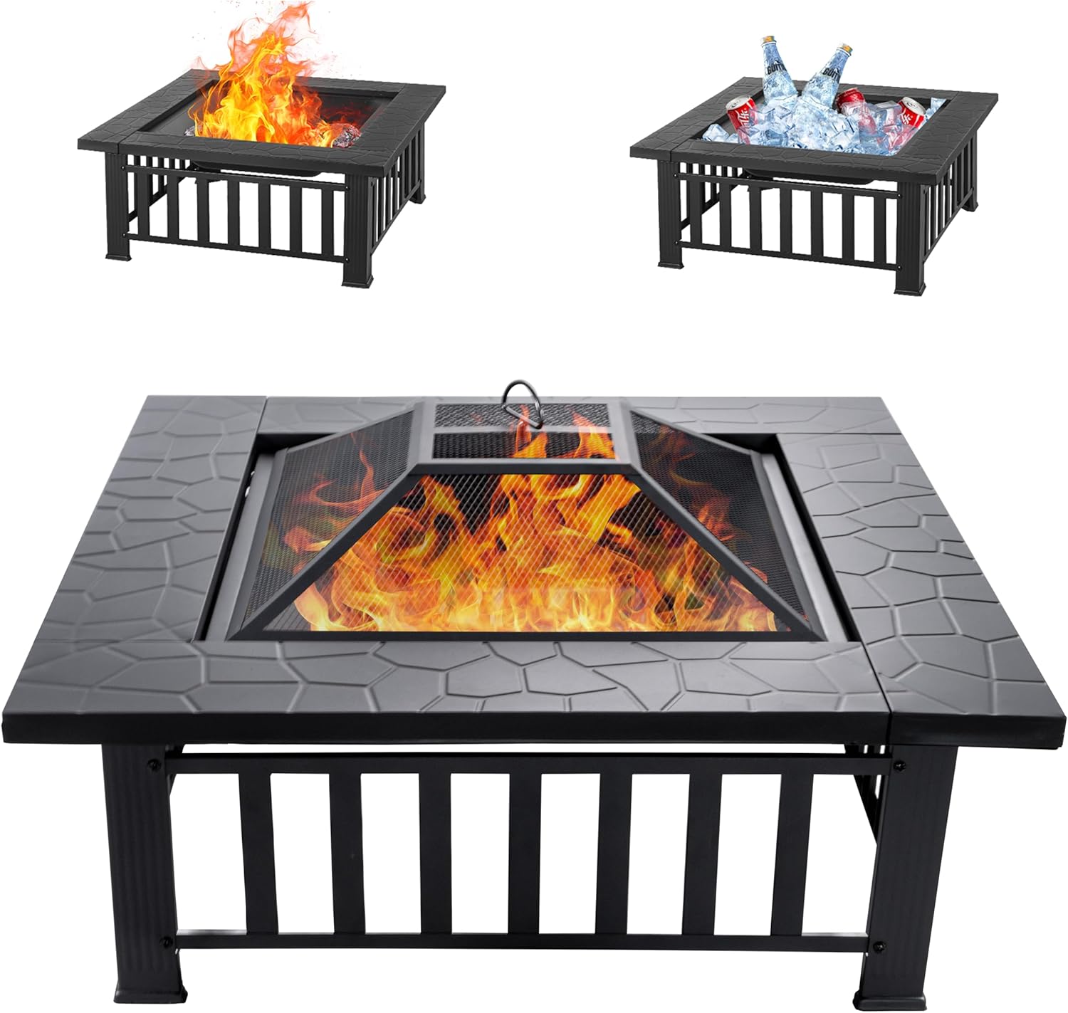 32 Inch Fire Pit, Square Outdoor Fire Pit Table with Spark Screen & Fire Poker, 3-In-1 Multipurpose Firepits for Outside, Fireplace for Yard, Garden, Patio