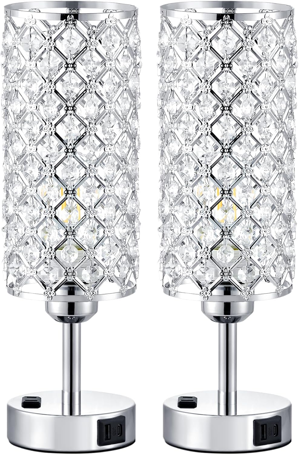 Crystal Lamp Touch Control Set of 2, Sliver Crystal Table Lamps with USB C+A Ports & AC Outlet, 3-Way Dimmable Nightstand Touch Lamp, Modern Bedside Table Lamp for Bedroom(Bulbs Included)
