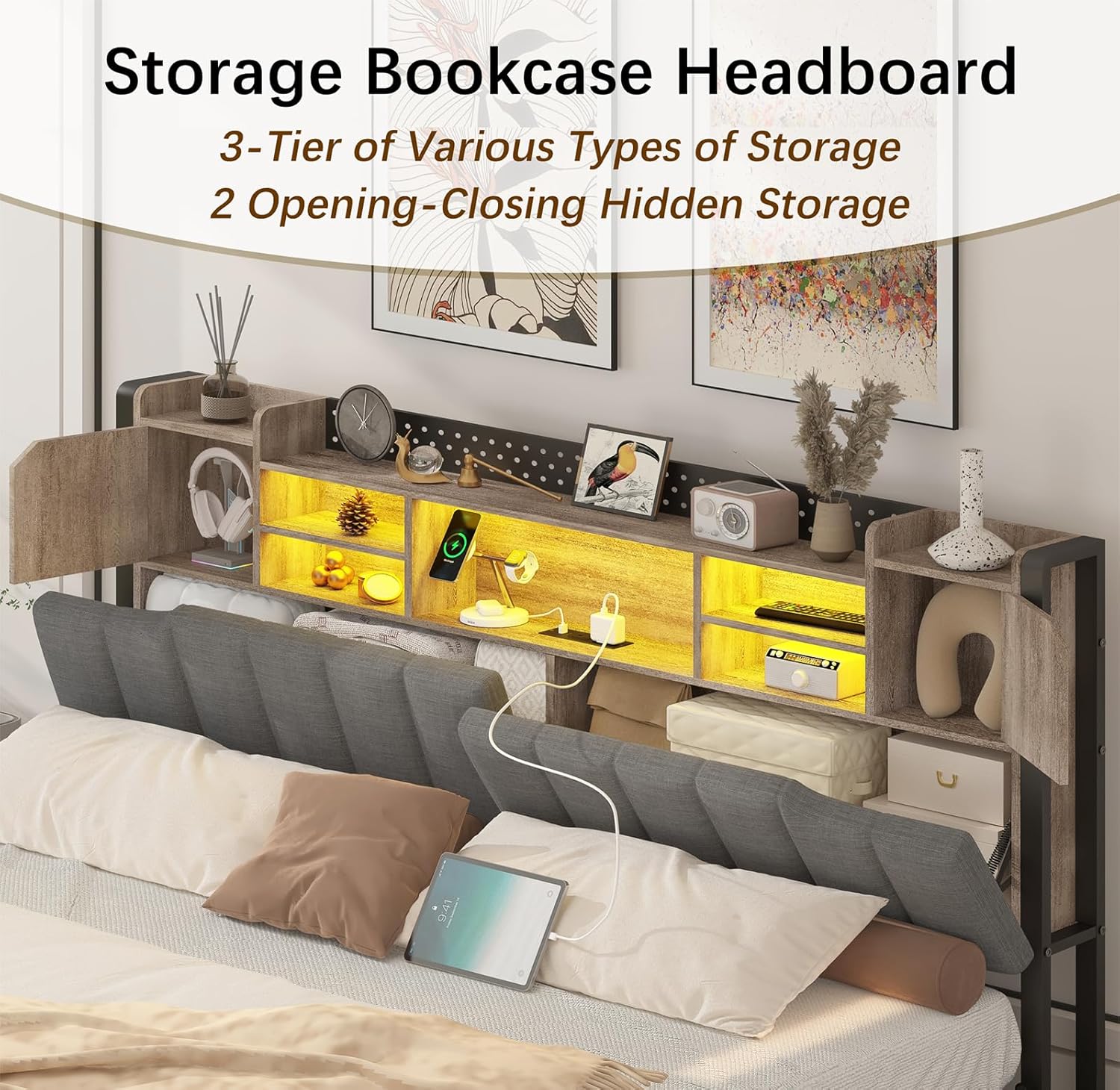 Modern Upholstered Platform Bed with Storage Headboard, Built-in Charging Ports, and LED Lighting – Space-Saving Smart Design for Ultimate Comfort