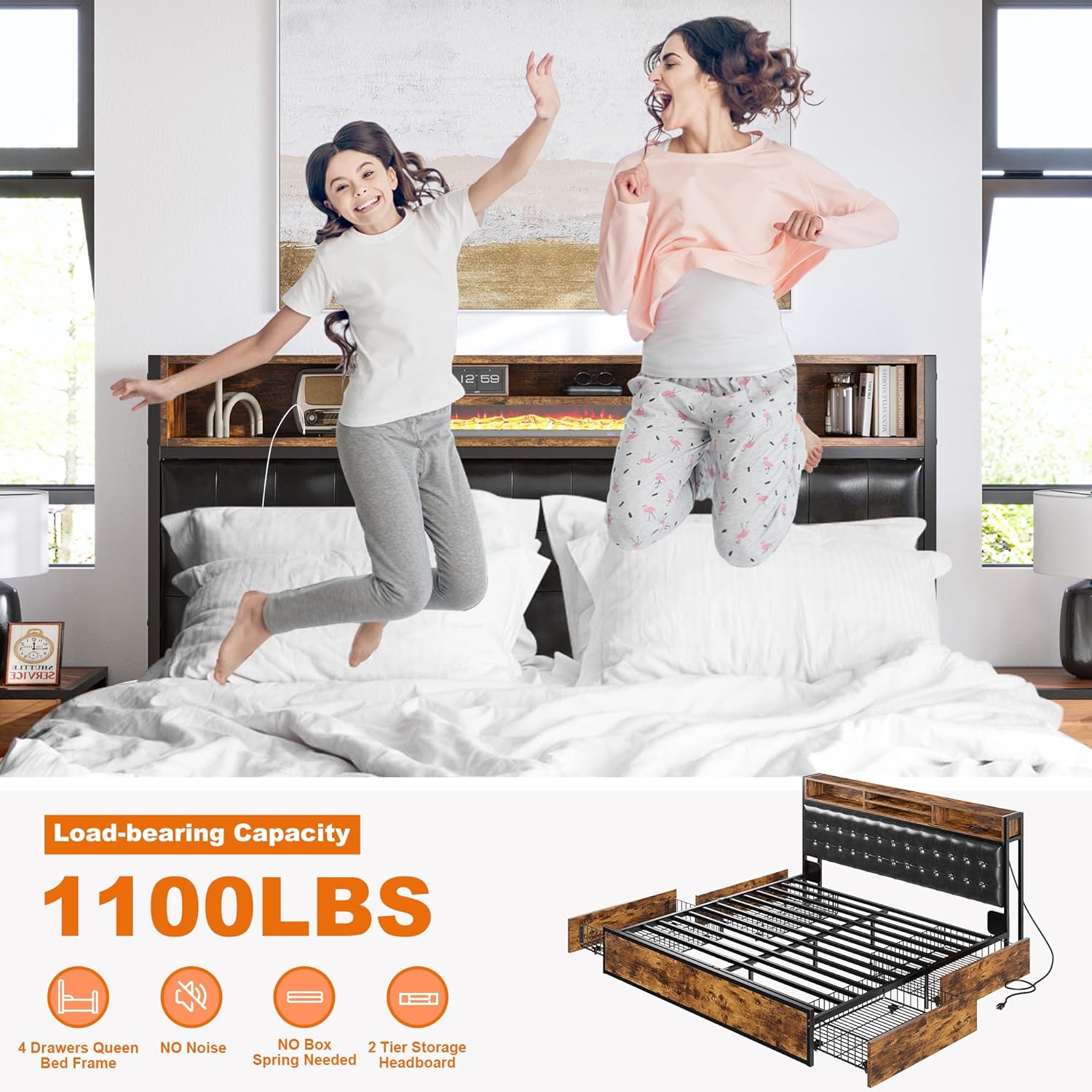 EnHomee Upholstered Storage Bed with Built-in Headboard, USB Charging Ports, and Underbed Drawers – Modern King Bed Frame for Smart Living and Space Optimization