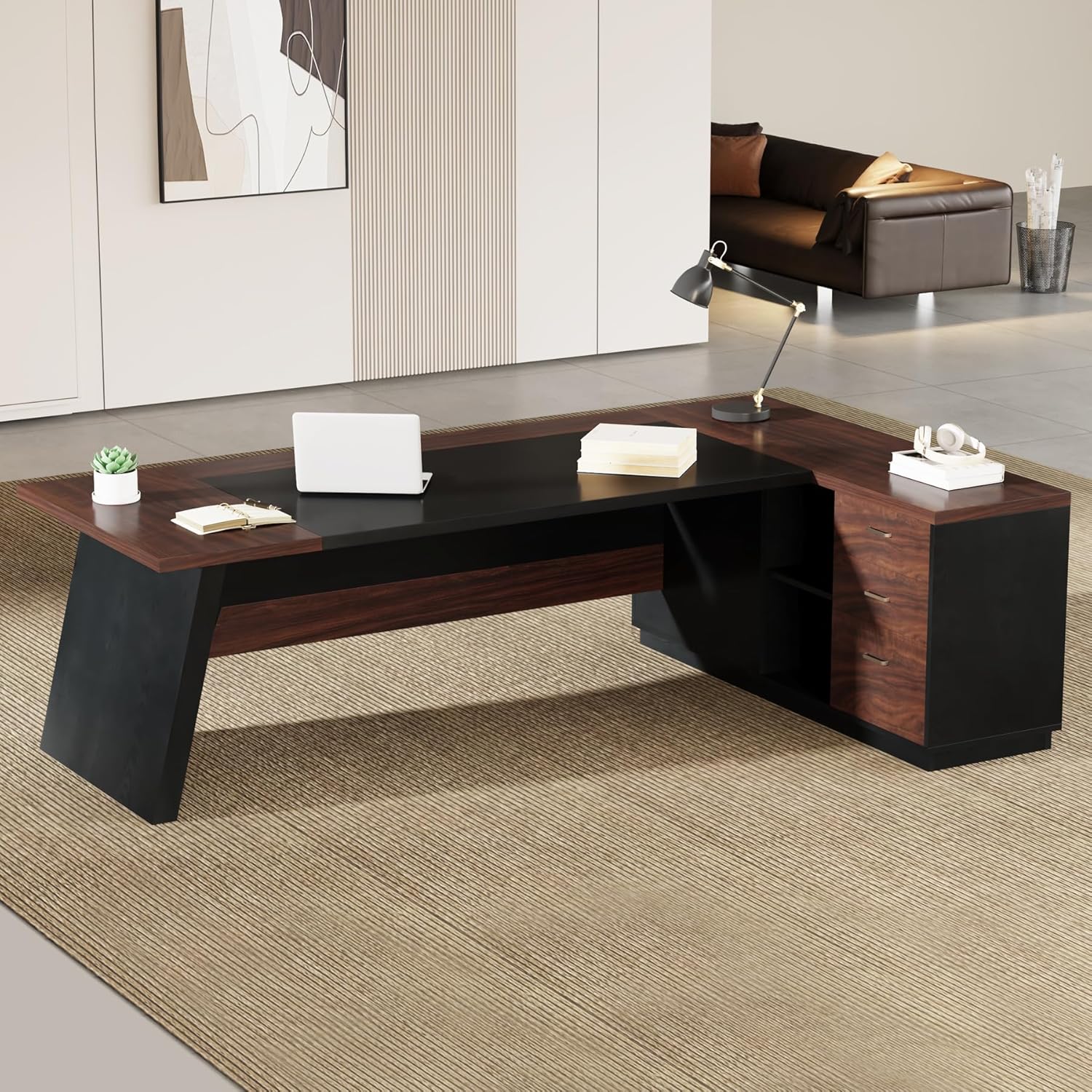 78" L-Shaped Executive Desk, Large Office Desk with Drawers and Lateral File Cabinet, Business Furniture with Storage Shelves, Modern Computer Desk for Home Office, Walnut & Black