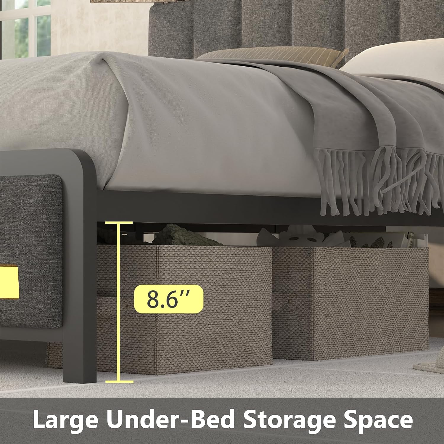 Modern Upholstered Platform Bed with Storage Headboard, Built-in Charging Ports, and LED Lighting – Space-Saving Smart Design for Ultimate Comfort