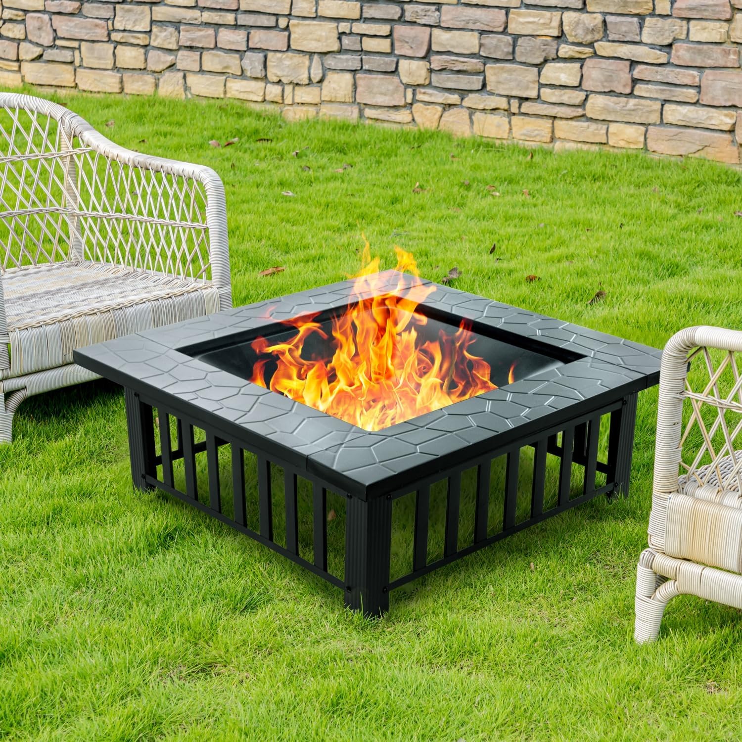 32 Inch Fire Pit, Square Outdoor Fire Pit Table with Spark Screen & Fire Poker, 3-In-1 Multipurpose Firepits for Outside, Fireplace for Yard, Garden, Patio