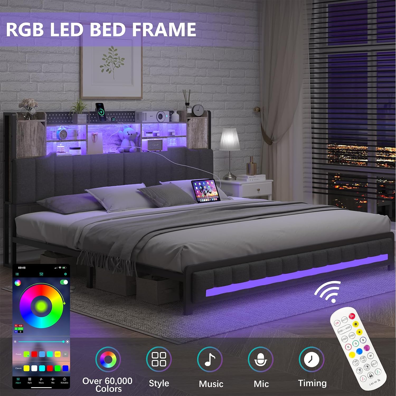 Modern Upholstered Platform Bed with Storage Headboard, Built-in Charging Ports, and LED Lighting – Space-Saving Smart Design for Ultimate Comfort