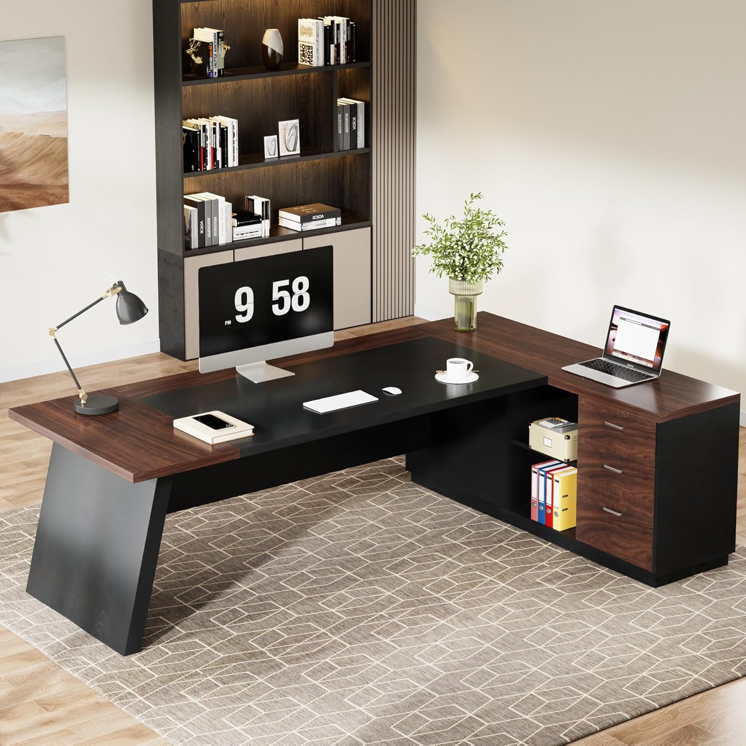 78" L-Shaped Executive Desk, Large Office Desk with Drawers and Lateral File Cabinet, Business Furniture with Storage Shelves, Modern Computer Desk for Home Office, Walnut & Black