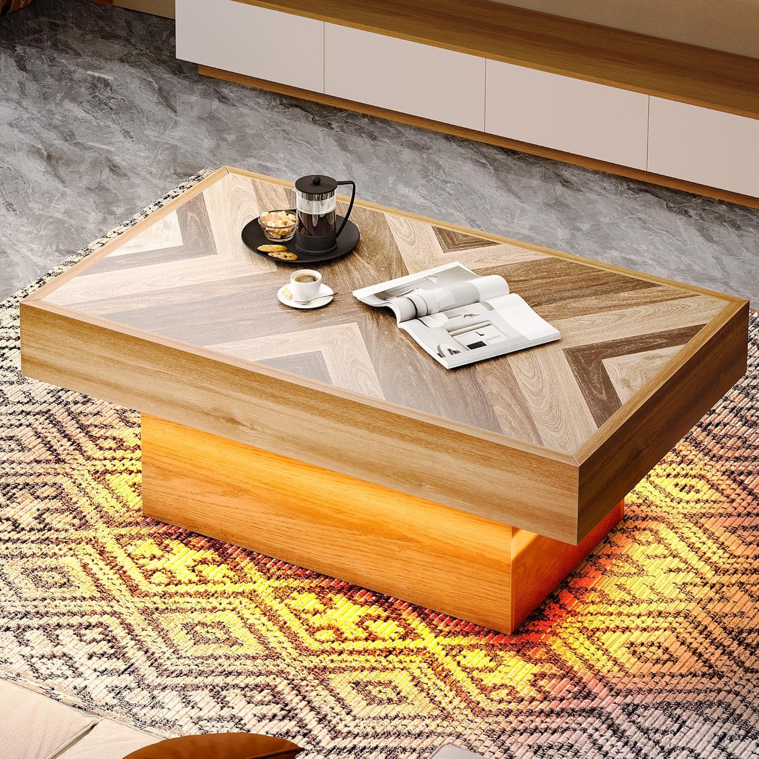 LED Living Room Coffee Table with Storage 2 Drawers, Rectangular Modern Coffee Tables for Living Room Controlled by Remote and App, Farmhouse Center Table Home Decor, Brown