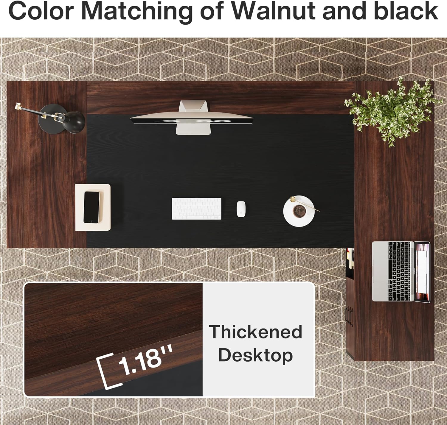 78" L-Shaped Executive Desk, Large Office Desk with Drawers and Lateral File Cabinet, Business Furniture with Storage Shelves, Modern Computer Desk for Home Office, Walnut & Black