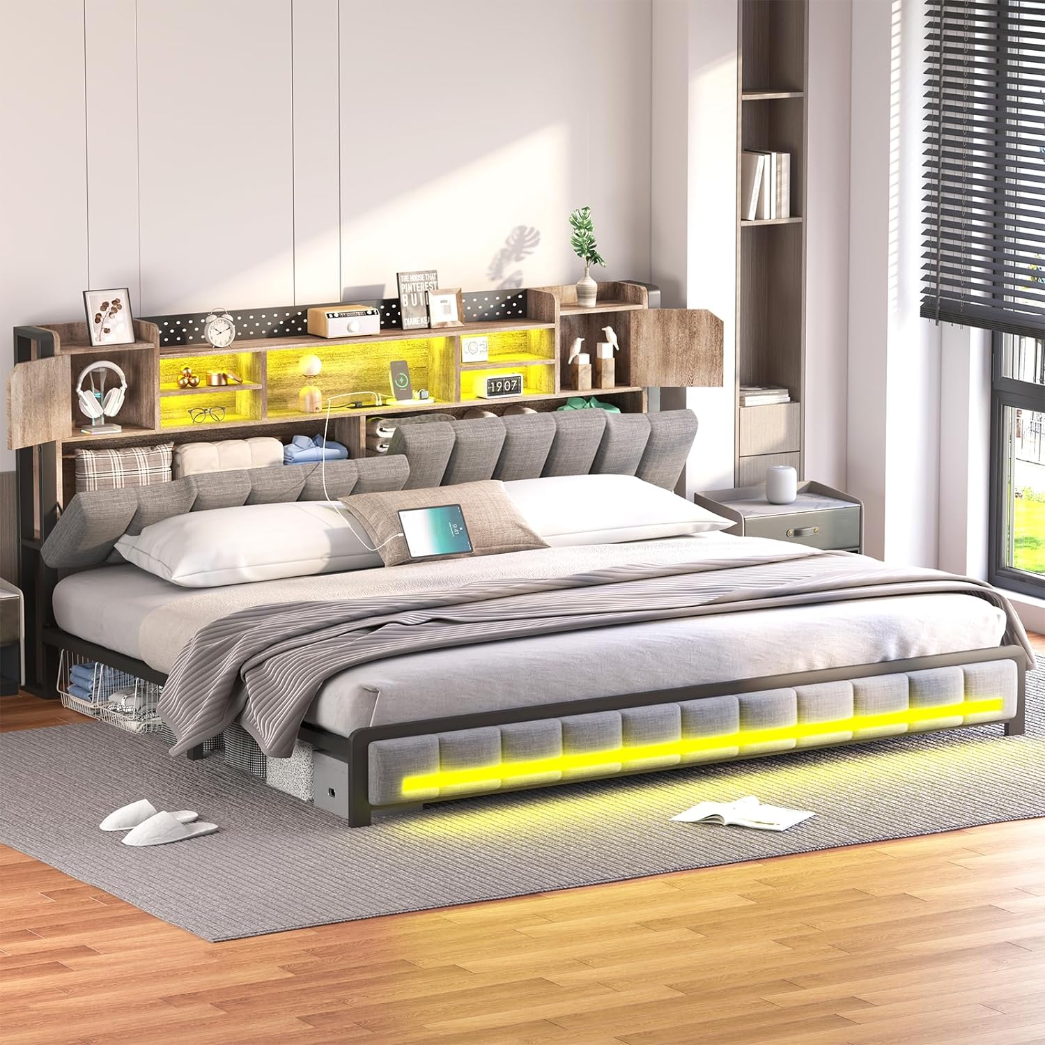 Modern Upholstered Platform Bed with Storage Headboard, Built-in Charging Ports, and LED Lighting – Space-Saving Smart Design for Ultimate Comfort