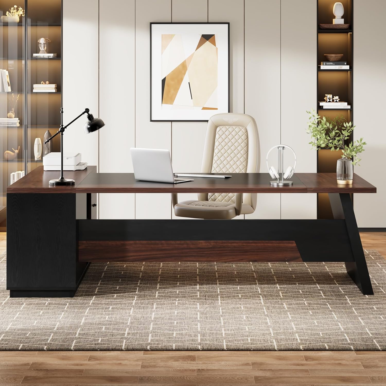 78" L-Shaped Executive Desk, Large Office Desk with Drawers and Lateral File Cabinet, Business Furniture with Storage Shelves, Modern Computer Desk for Home Office, Walnut & Black