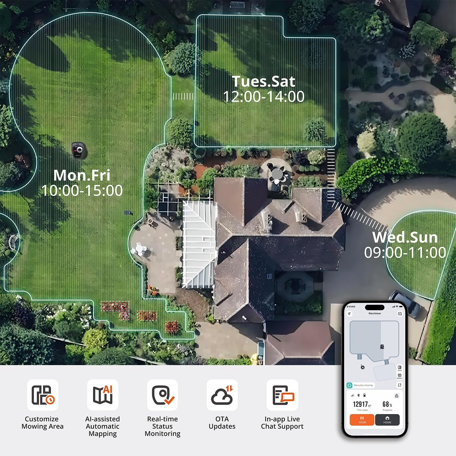 Segway I110N Robot Lawn Mower Perimeter Wire Free 1/4 Acre Rtk+Vision Robotic Lawnmower, Ai-Assisted Mapping, Virtual Boundary, APP Control, 58Db(A) Quiet, Multi-Zone Management