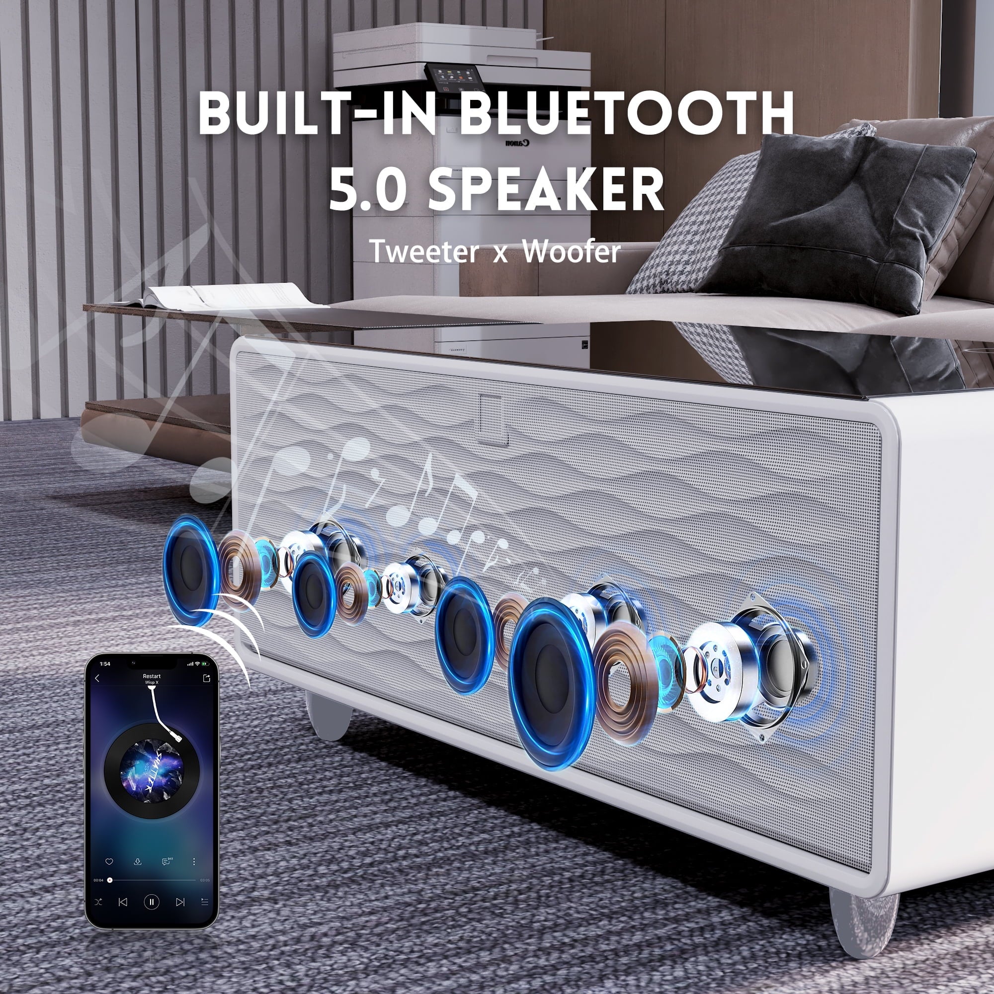 41" Smart Fridge Coffee Table, 93L Refrigerator, Bluetooth, Touch Control Panel, 15W Wireless Charger, USB Ports, Speaker, Atmosphere Light, for Living Rooms, Offices, Conference Rooms– White