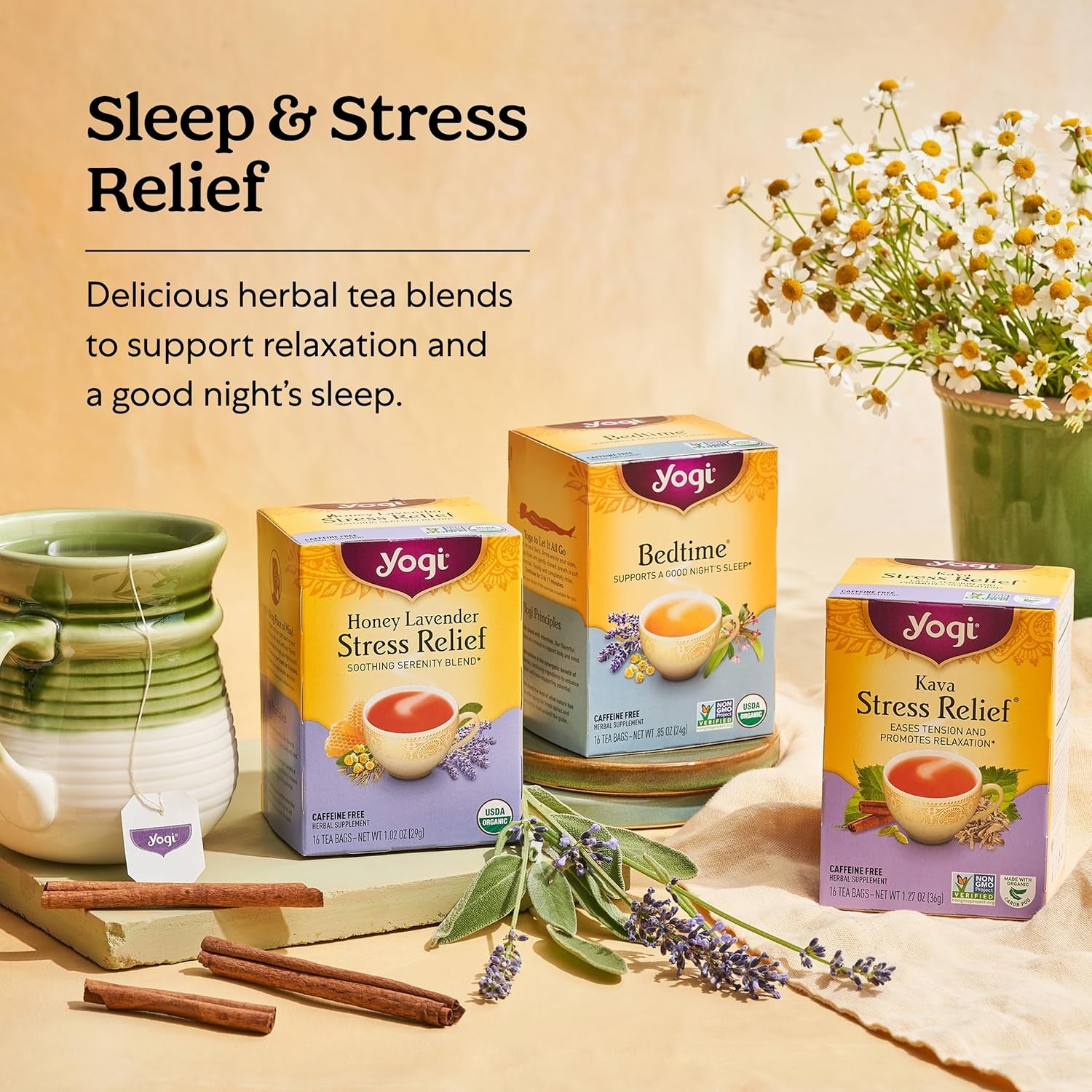 Tea Kava Stress Relief Tea - 16 Tea Bags per Pack (4 Packs) - Made with Organic, Caffeine-Free Relaxing Tea - Includes Carob Pod, Indian Sarsaparilla Root, Cinnamon Bark, Ginger Root & More