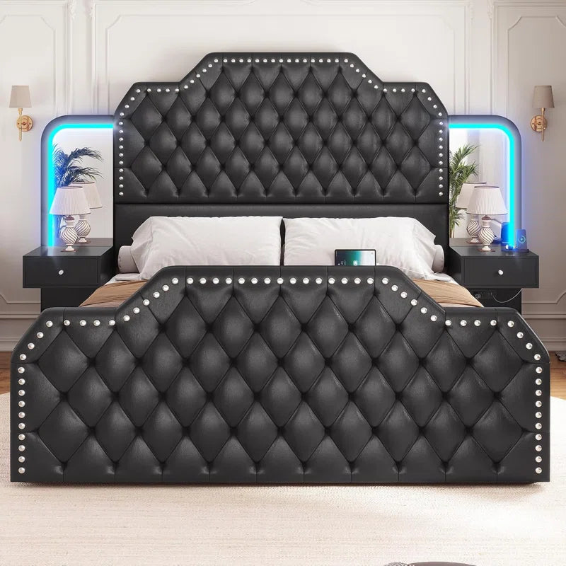 Karlton Bed with 4 Storage Drawers,Led Tall Platform Bed Frame