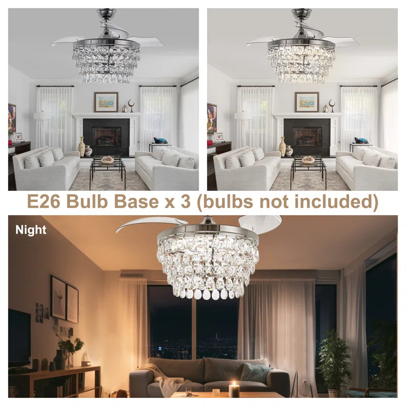 42" Luxury Retractable Ceiling Fan with Remote and Lights, Crystal Chandelier Ceiling Fan