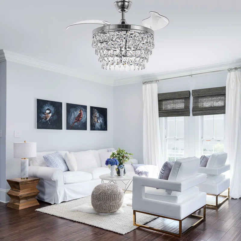 42" Luxury Retractable Ceiling Fan with Remote and Lights, Crystal Chandelier Ceiling Fan