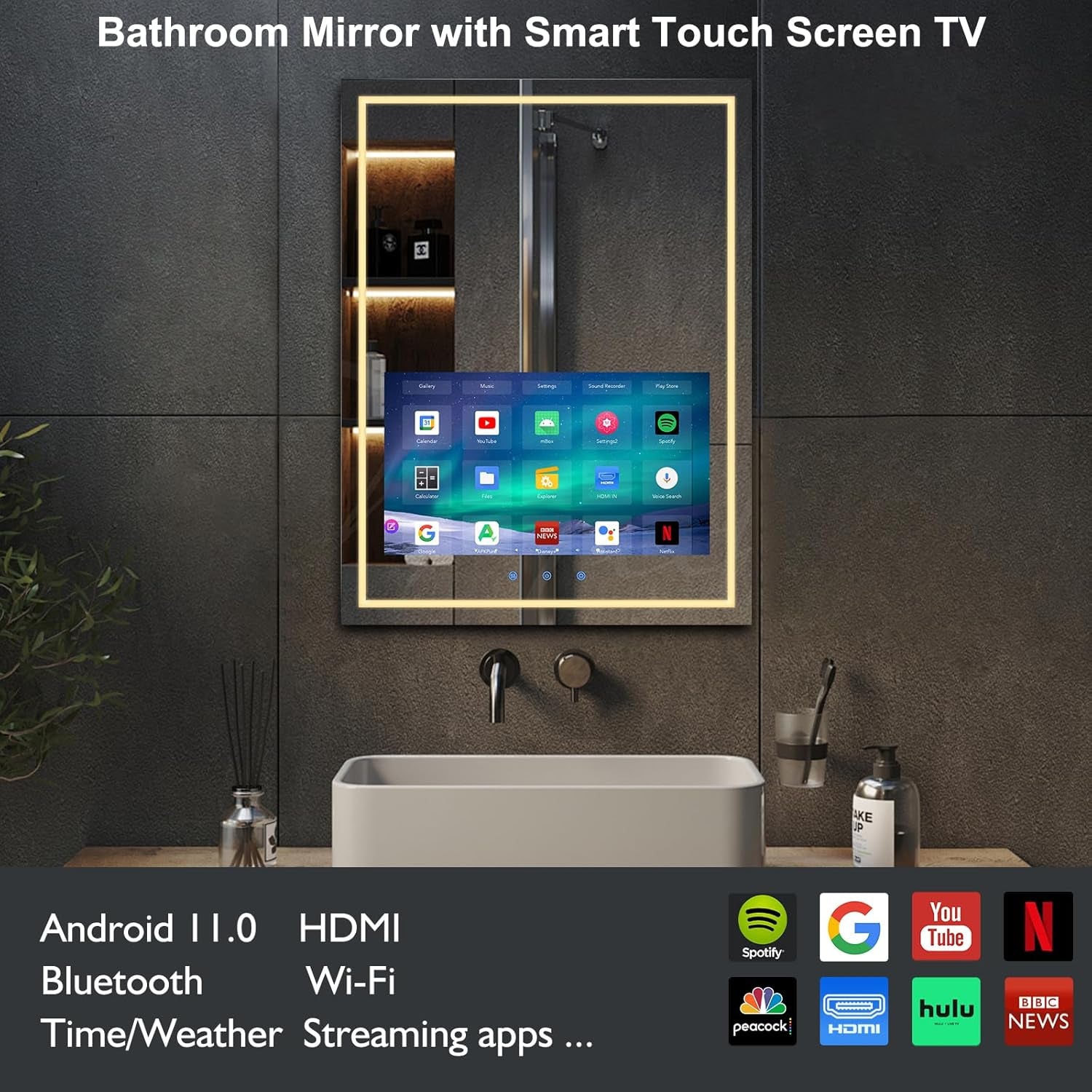 24X32 Inch Bathroom Vanity Mirror with 21.5" Touch Screen Smart System, Streaming Apps, Weather Clock, 3 Color Dimmable LED Light, Anti-Fog Wi-Fi Bluetooth HDMI, Vertical Wall Mounted (2025)