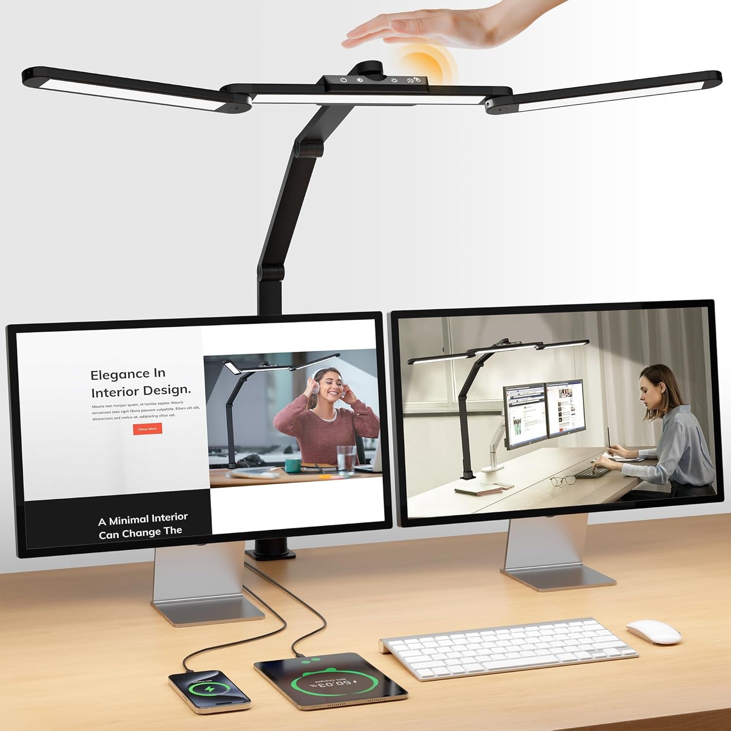 LED Desk Lamp for Home Office, 25 Lighting Modes Swing Arm LED Lamp with Clamp, Gesture Sensor, Type C Port, Auto-Off Timer Lamp for Reading