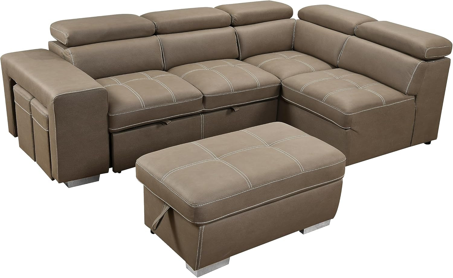 104'' Microfiber Sectional Sleeper Sofa with Pull-Out Bed,Couch with Storage Ottoman & Chaise, 5 Seat L-Shape Sofa with Adjustable Headrest & Two Stools. Light Brown