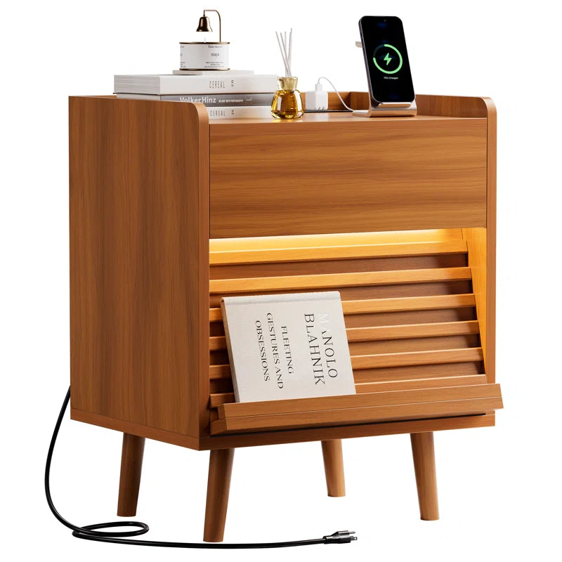 Modern Nightstand with 2 Drawers,Bedside Table with Outlets & LED Lights, File Cabinet with Slanted & Wavy Design