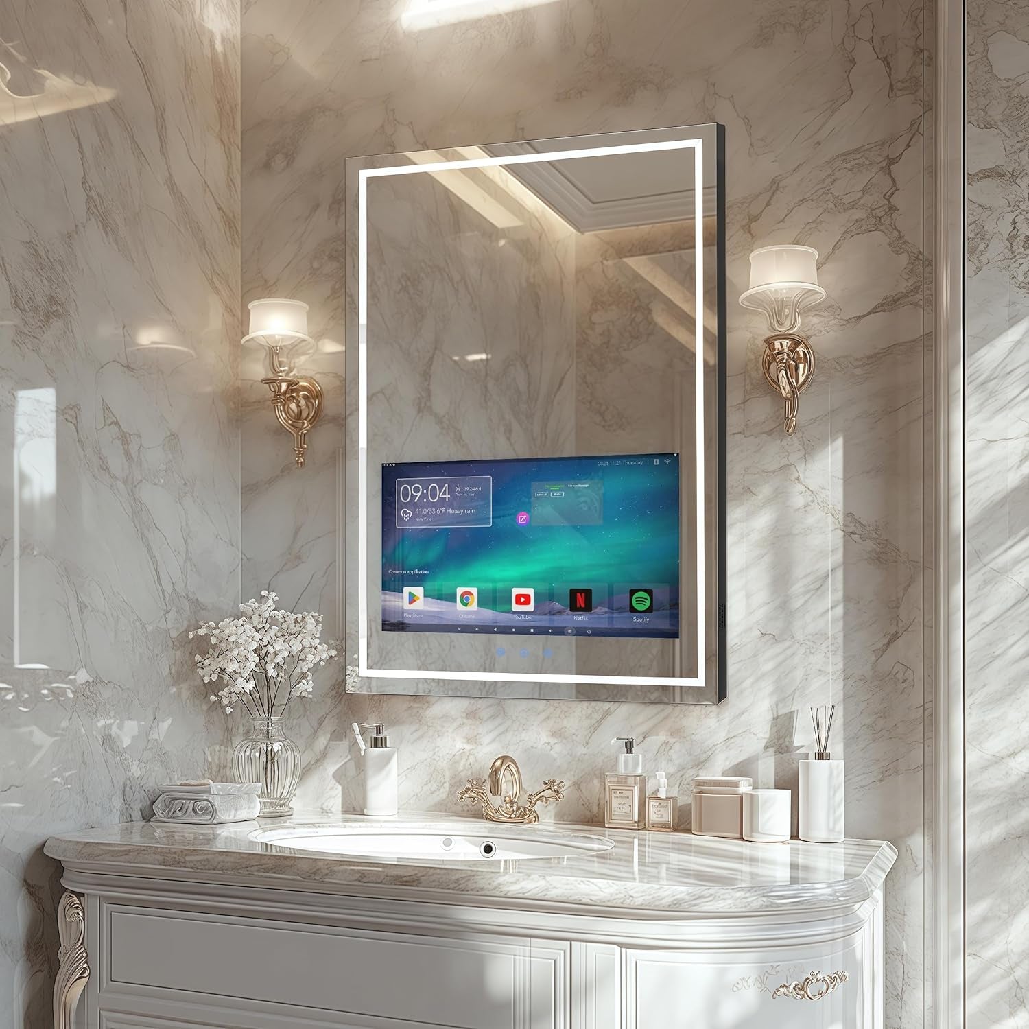 24X32 Inch Bathroom Vanity Mirror with 21.5" Touch Screen Smart System, Streaming Apps, Weather Clock, 3 Color Dimmable LED Light, Anti-Fog Wi-Fi Bluetooth HDMI, Vertical Wall Mounted (2025)