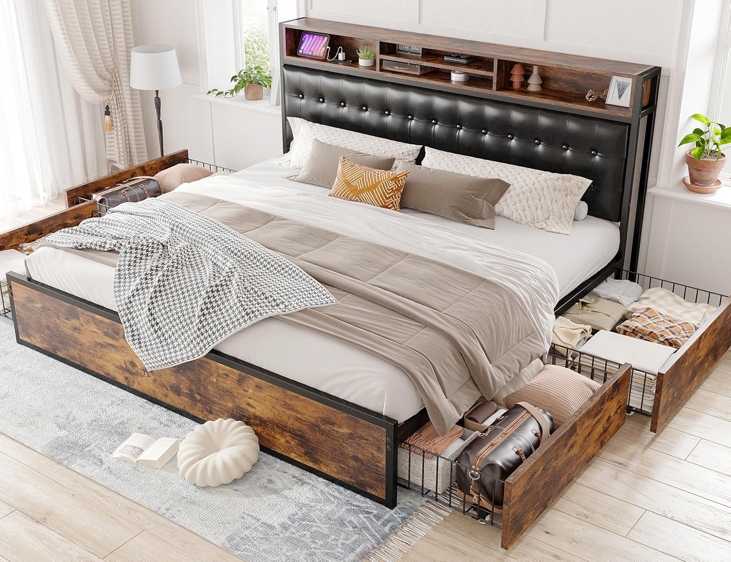 EnHomee Upholstered Storage Bed with Built-in Headboard, USB Charging Ports, and Underbed Drawers – Modern King Bed Frame for Smart Living and Space Optimization