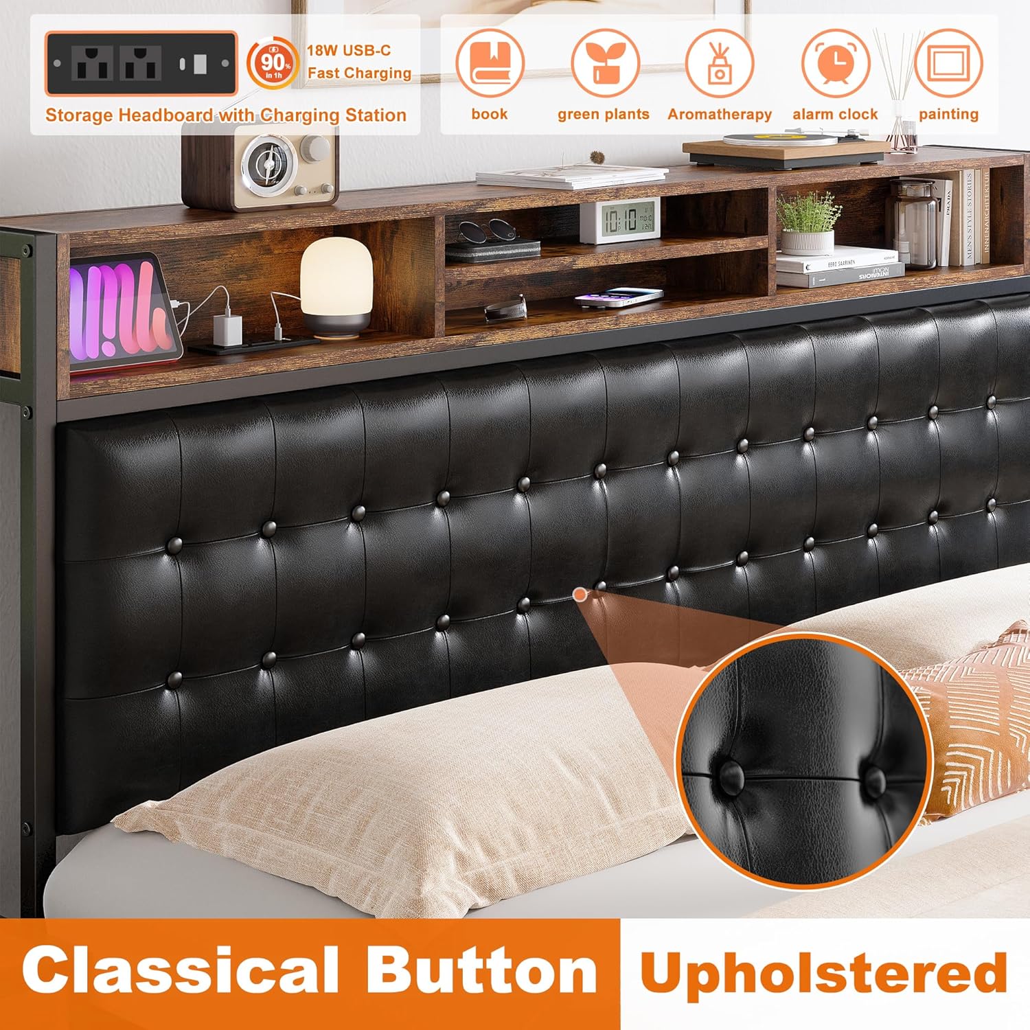 EnHomee Upholstered Storage Bed with Built-in Headboard, USB Charging Ports, and Underbed Drawers – Modern King Bed Frame for Smart Living and Space Optimization