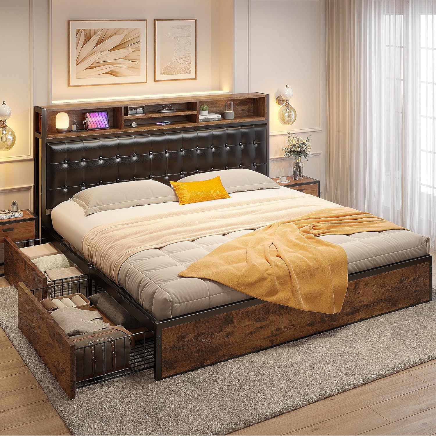 EnHomee Upholstered Storage Bed with Built-in Headboard, USB Charging Ports, and Underbed Drawers – Modern King Bed Frame for Smart Living and Space Optimization