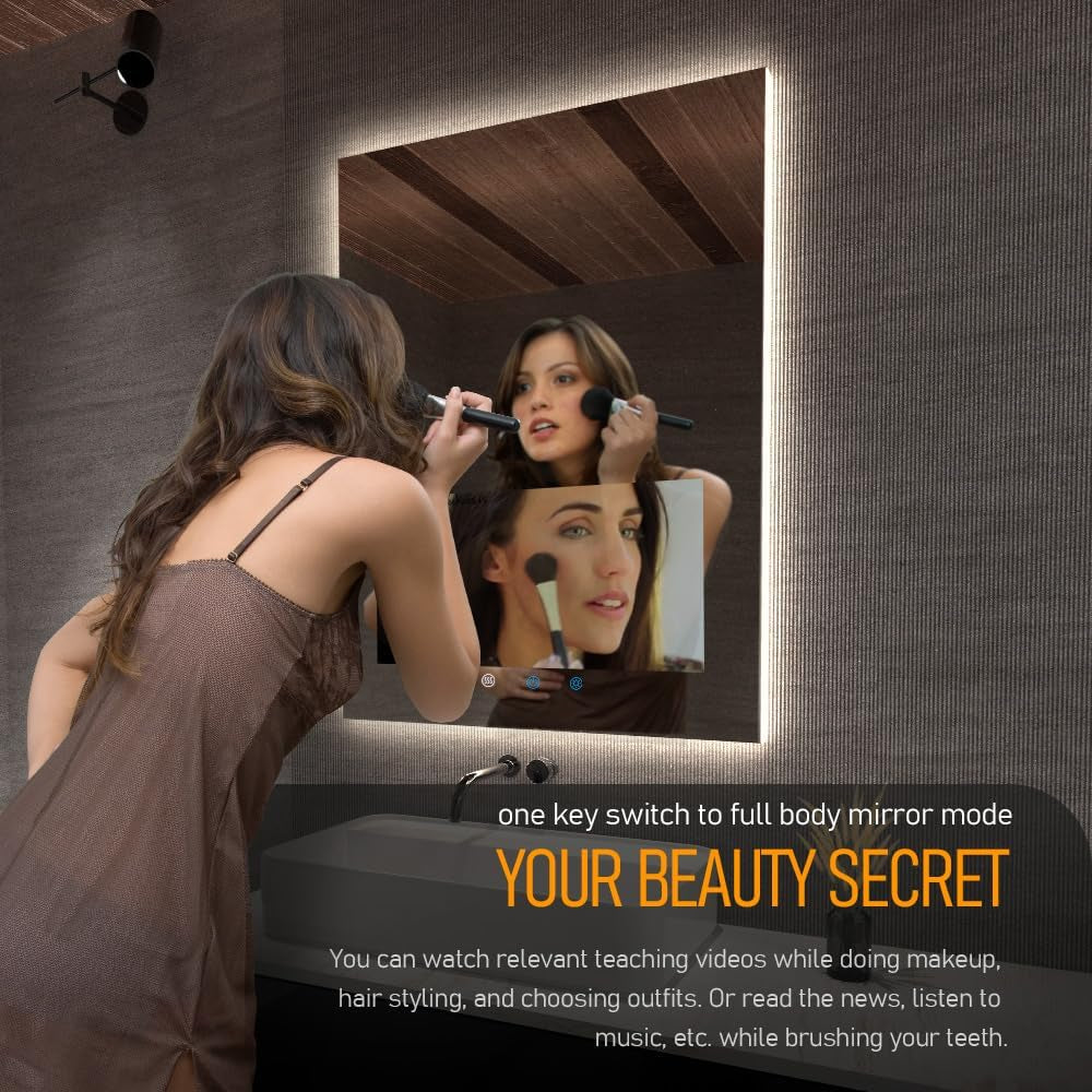 32"X24" Smart Waterproof Anti-Fog Vanity Mirror with Built-In 21.5" Touch Display, Android OS, Adjustable 3-Color LED, Bluetooth/Wifi/Hdmi, Streaming Apps for Bathroom & Bedroom