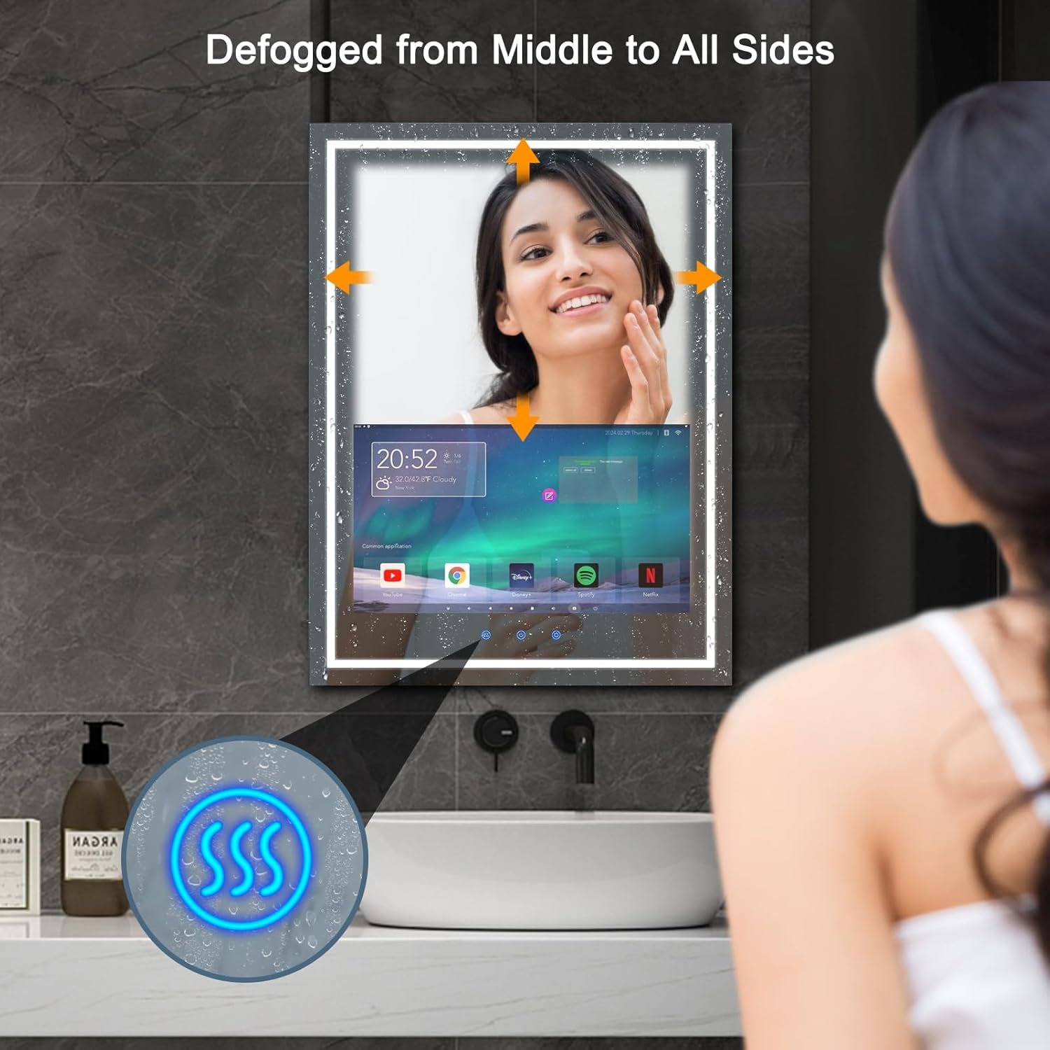 24X32 Inch Bathroom Vanity Mirror with 21.5" Touch Screen Smart System, Streaming Apps, Weather Clock, 3 Color Dimmable LED Light, Anti-Fog Wi-Fi Bluetooth HDMI, Vertical Wall Mounted (2025)