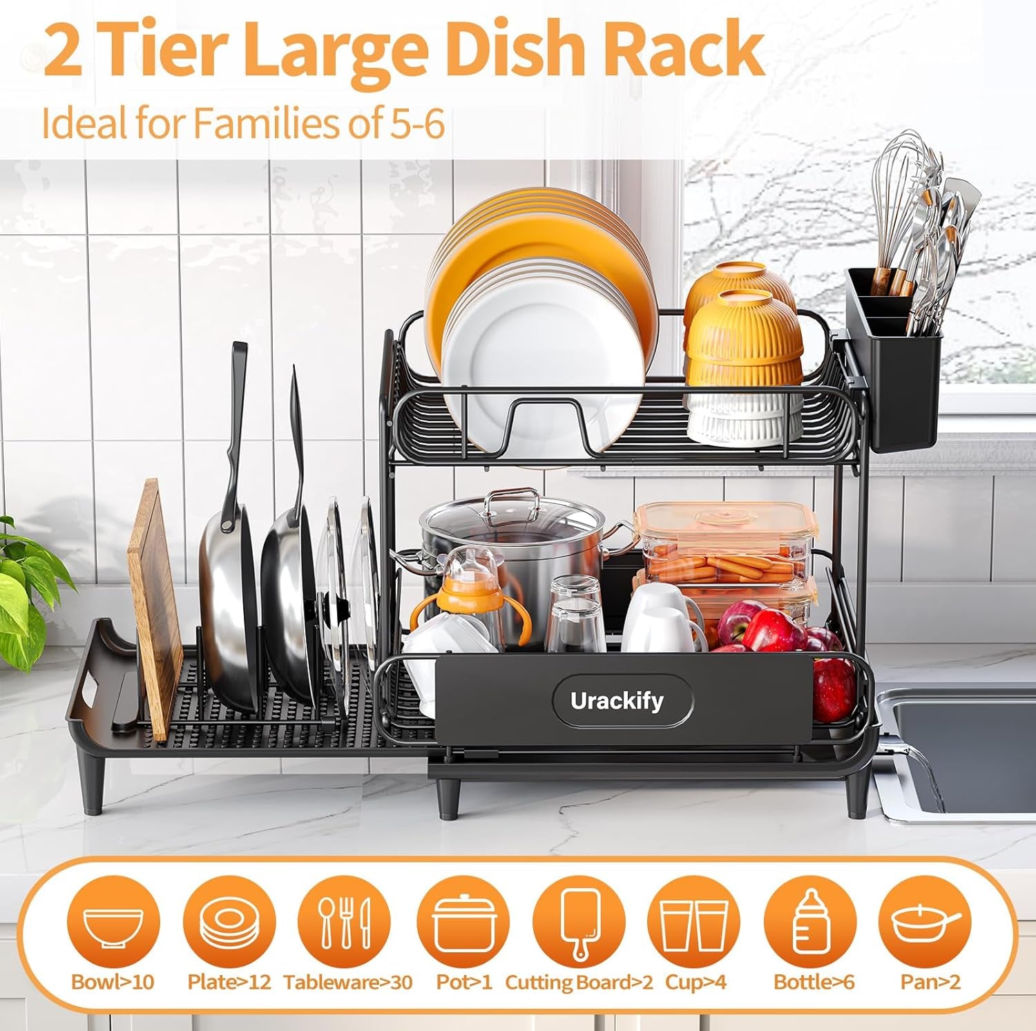 Dish Drying Rack for Kitchen Counter, Expandable 2 Tier Dish Rack, Large Capacity Dish Drainer with Drainboard Multifunctional Dish Strainer with Removable Cutlery Holder Black