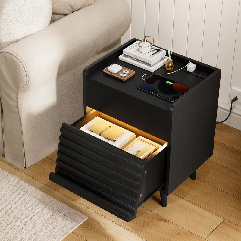 Modern Nightstand with 2 Drawers,Bedside Table with Outlets & LED Lights, File Cabinet with Slanted & Wavy Design