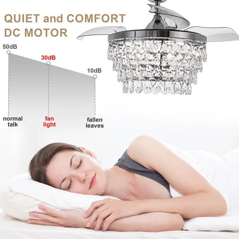 42" Luxury Retractable Ceiling Fan with Remote and Lights, Crystal Chandelier Ceiling Fan