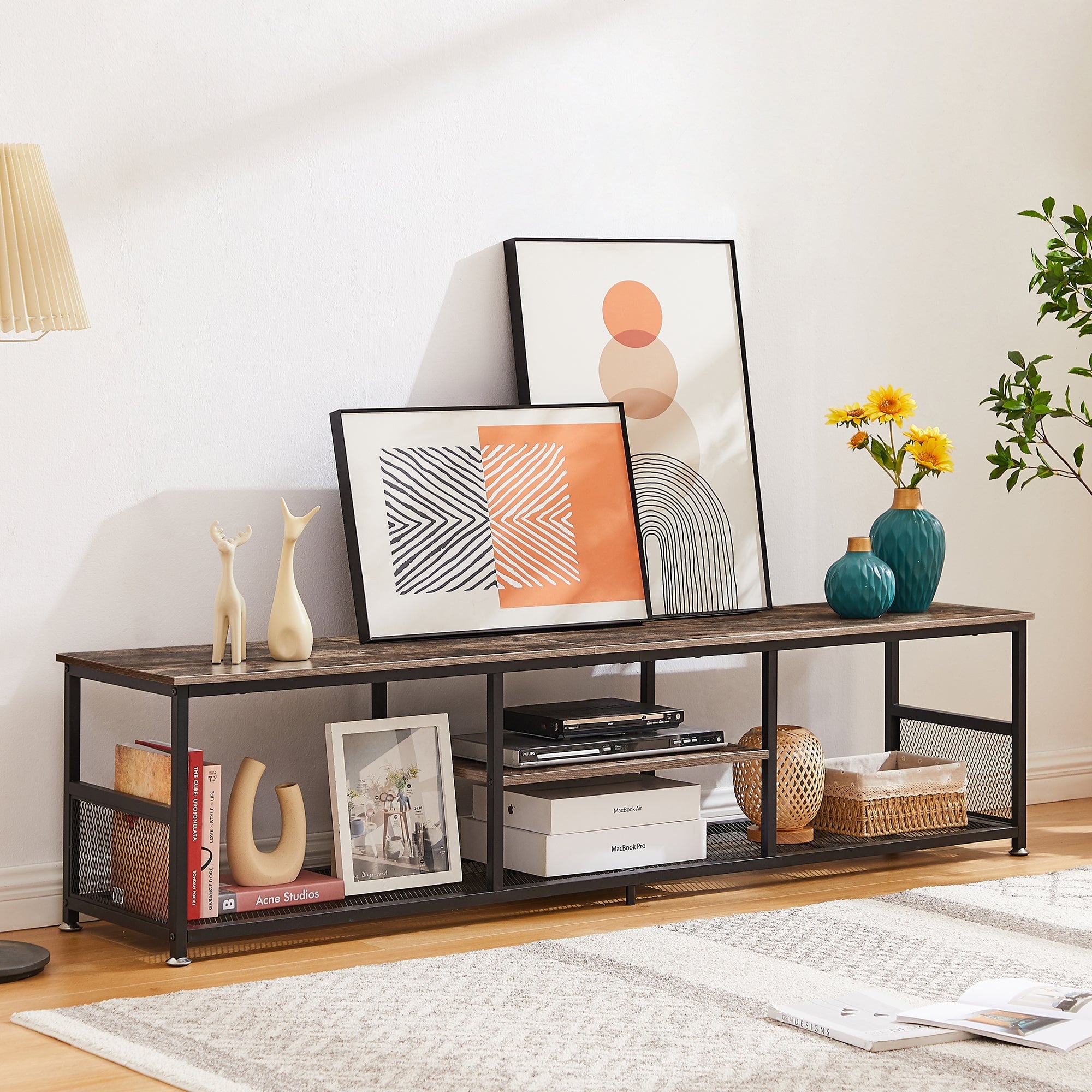 TV Stand up to 80 Inches, Industrial 70.86" Entertainment Center with Storage and Mesh Shelf for Living Room/Bedroom, Brown