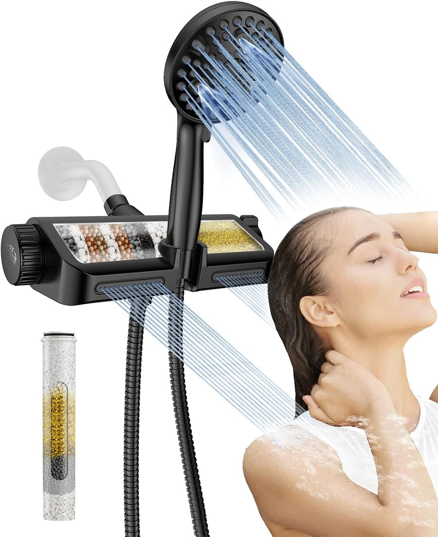 Filtered Shower Head with Handheld Combo Matte Black - Dual 2-In-1 Spa System with Massage Shower and 10 Modes Hand Held Shower, High Pressure with Built in Power Wash Mode