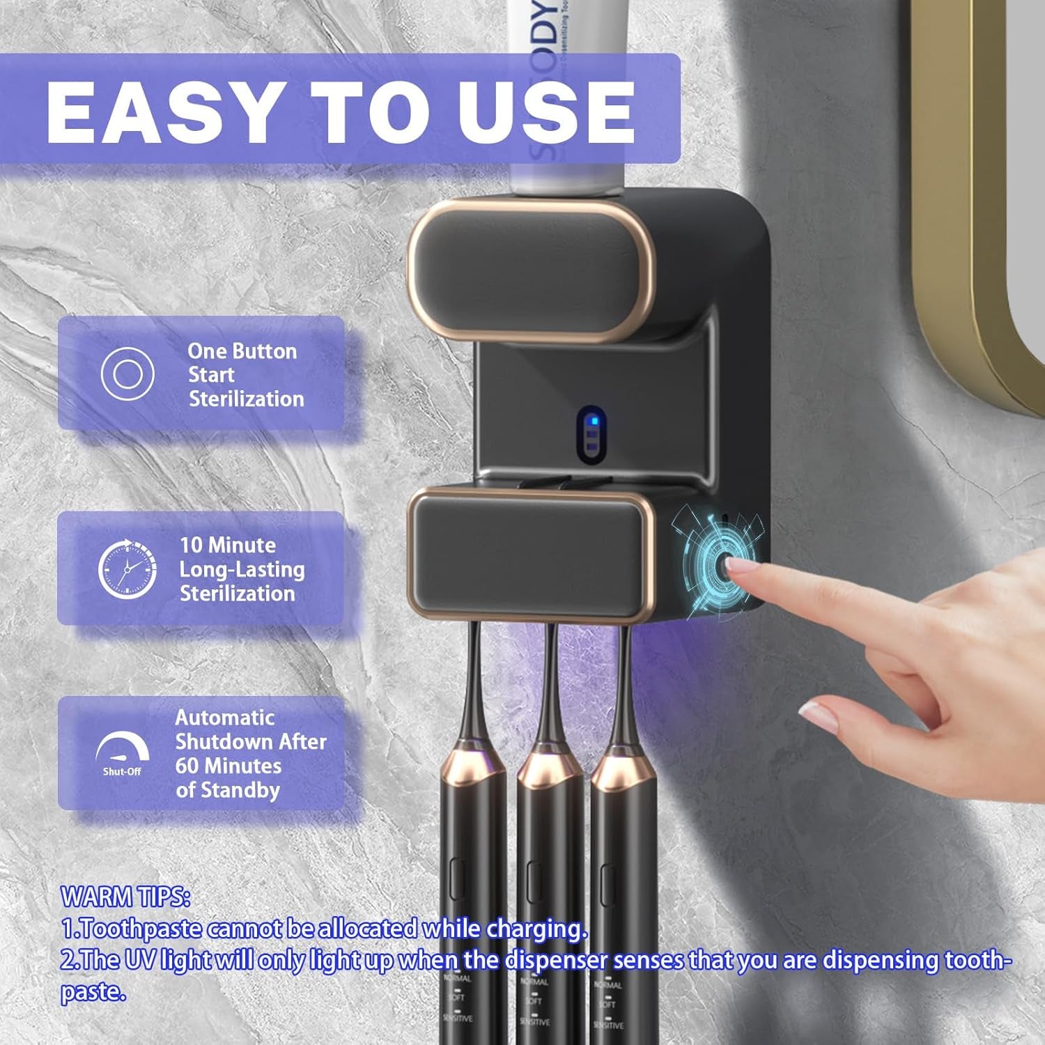 Automatic Toothpaste Dispenser,Wall Mounted Electric Toothpaste Dispenser with 3 Toothpaste Slots,Toothpaste Dispenser for Kids and Adults (Black)