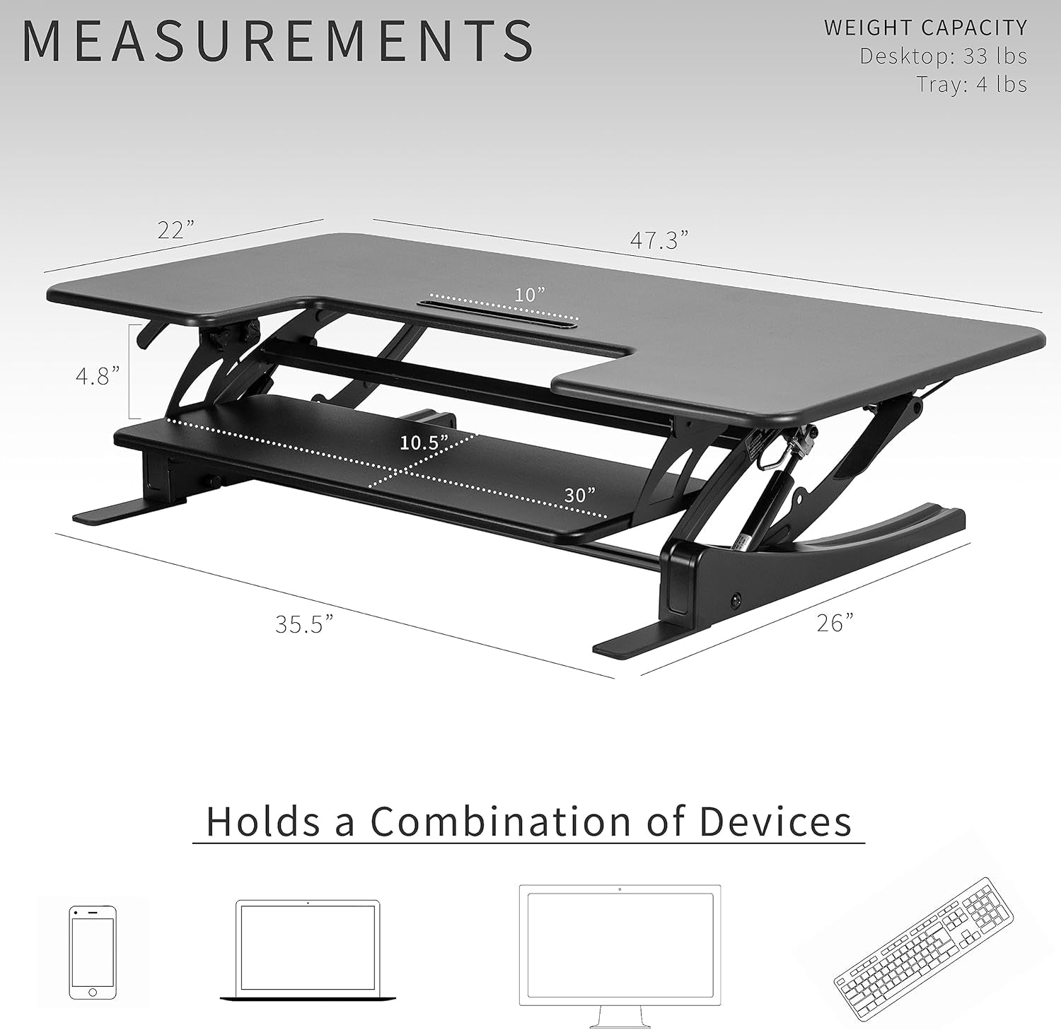 48 Inch Height Adjustable Large Stand up Desk Converter, V Series, Quick Sit to Stand Tabletop Dual Monitor Riser Workstation, Black, DESK-V048V