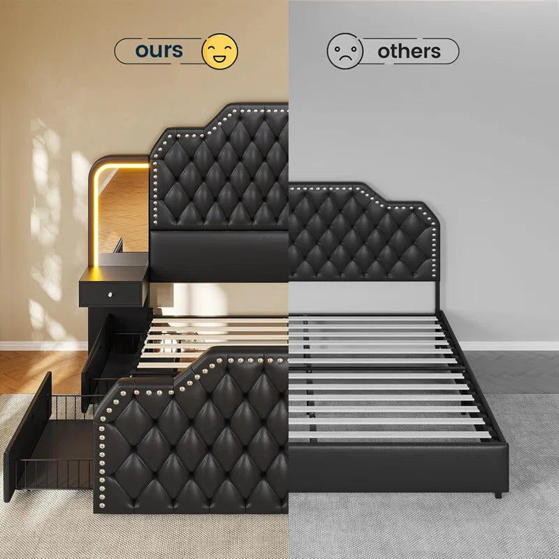 Karlton Bed with 4 Storage Drawers,Led Tall Platform Bed Frame