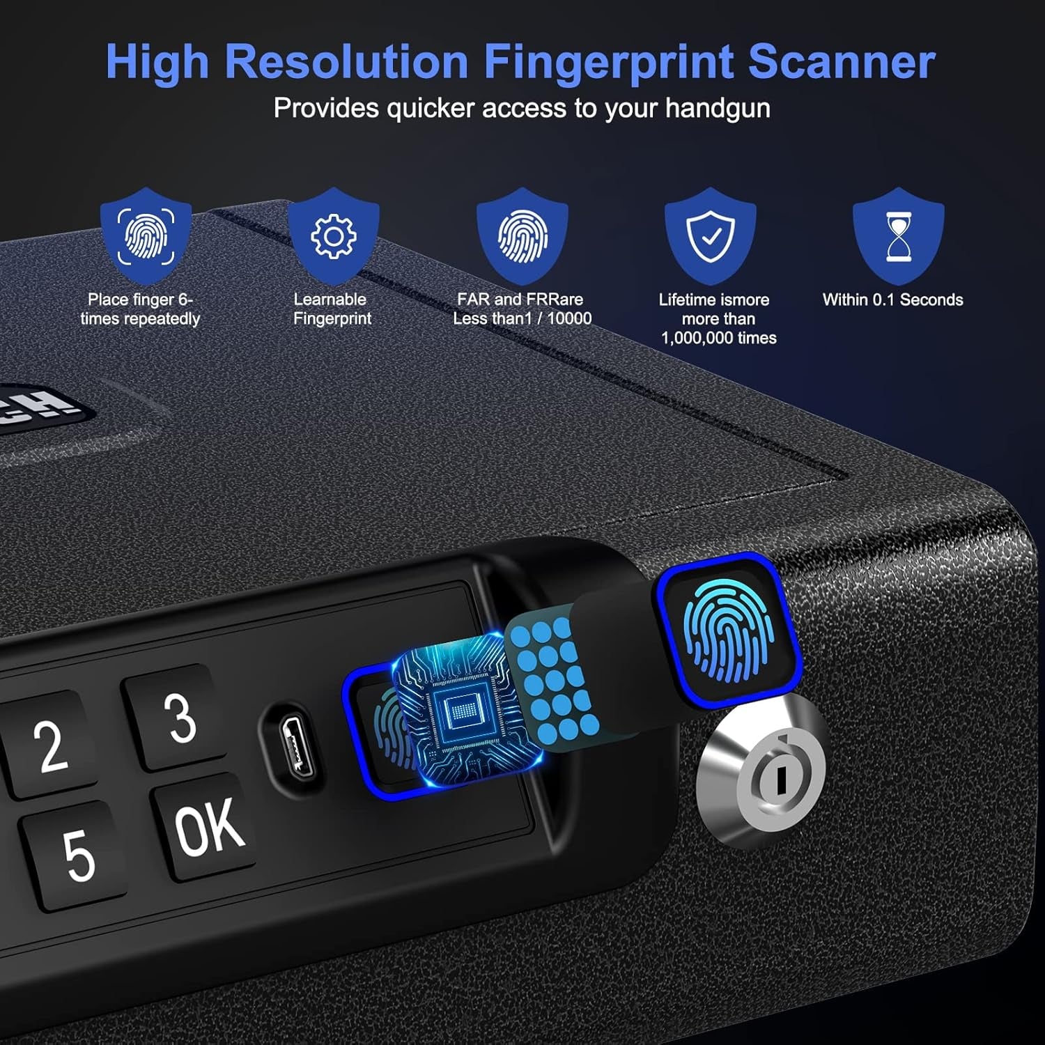 Biometric Gun Safe for Pistols 3-Ways Unlock Fingerprint Digital PIN Key Unlock Handgun Safe with Sound, Lock Box for Cloakroom Living Room Bedroom Nightstand and Car
