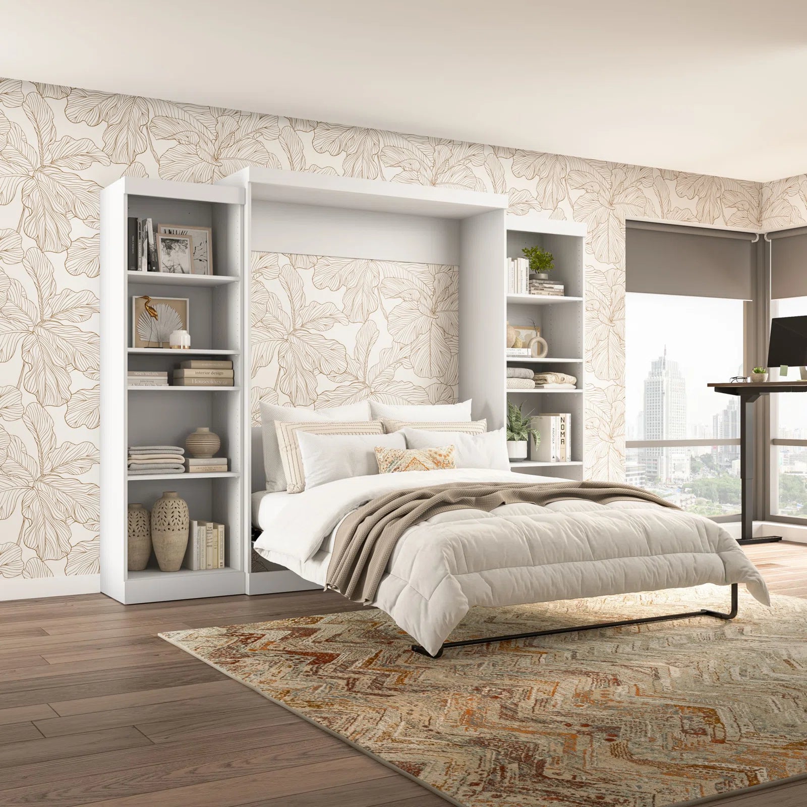 Wade Logan Arlex Murphy Bed with Shelving & Storage - Space-Saving Modern Design, Built-In Desk & Cabinet - Transform Any Room into a Multi-Functional Living Space