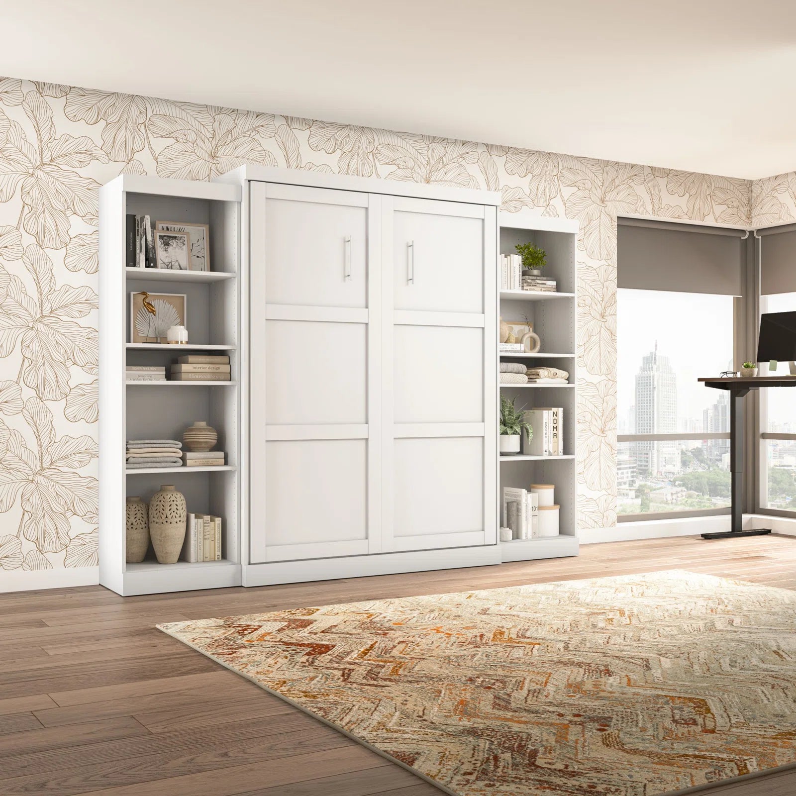 Wade Logan Arlex Murphy Bed with Shelving & Storage - Space-Saving Modern Design, Built-In Desk & Cabinet - Transform Any Room into a Multi-Functional Living Space
