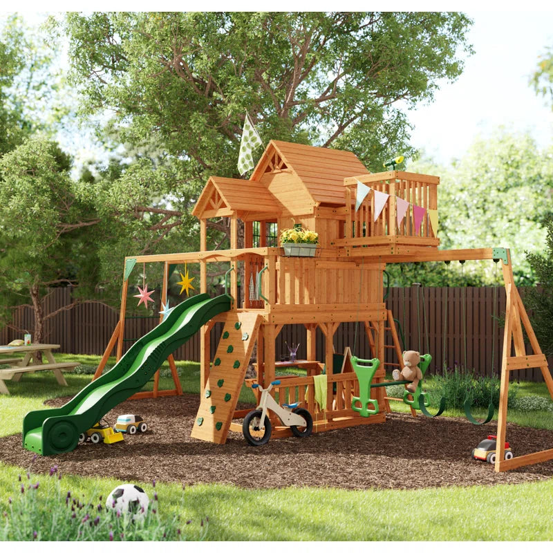 Backyard Discovery Skyfort II All-Cedar Swing Set | Deluxe Wooden Playset with Slide, Fort, Swings, and Sandbox | Premium Outdoor Adventure for Kids