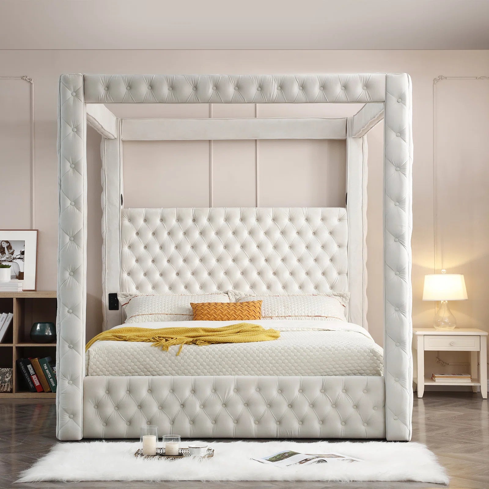 Rosdorf Park Jittender Dream Luxurious Velvet Canopy Bed | Integrated Surround Sound Speakers & USB Ports | Opulent Four-Poster Design for Modern Sophistication