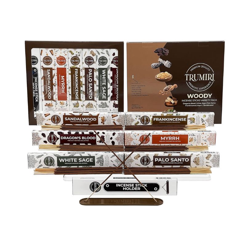 Natural Woody Incense Set – 120 Sticks, 6 Scents & Free Burner