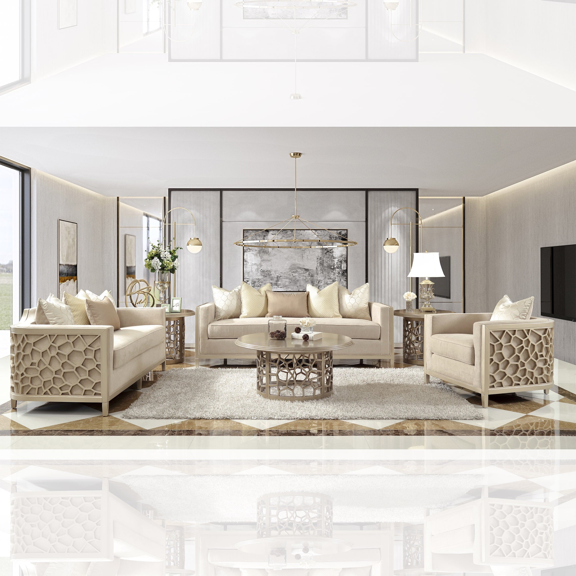 Luxury Champagne Sofa Set 3Pcs Solid Wood Traditional HD-8911